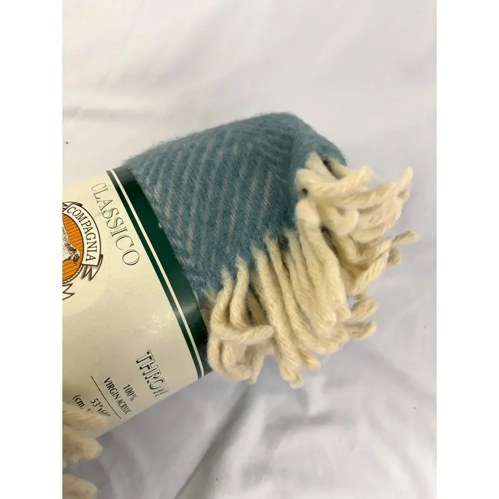Vintage Italian Herringbone Throw Blanket Smoke Blue 53x60 Fringe Made‎ in Italy